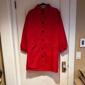 Red Hooded Button-Up Rain Coat